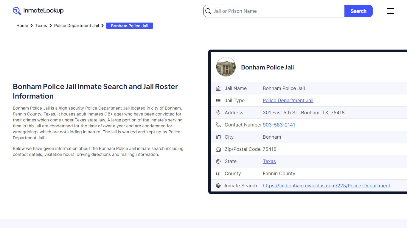 Bonham Police Jail Inmate Search and Jail Roster Information